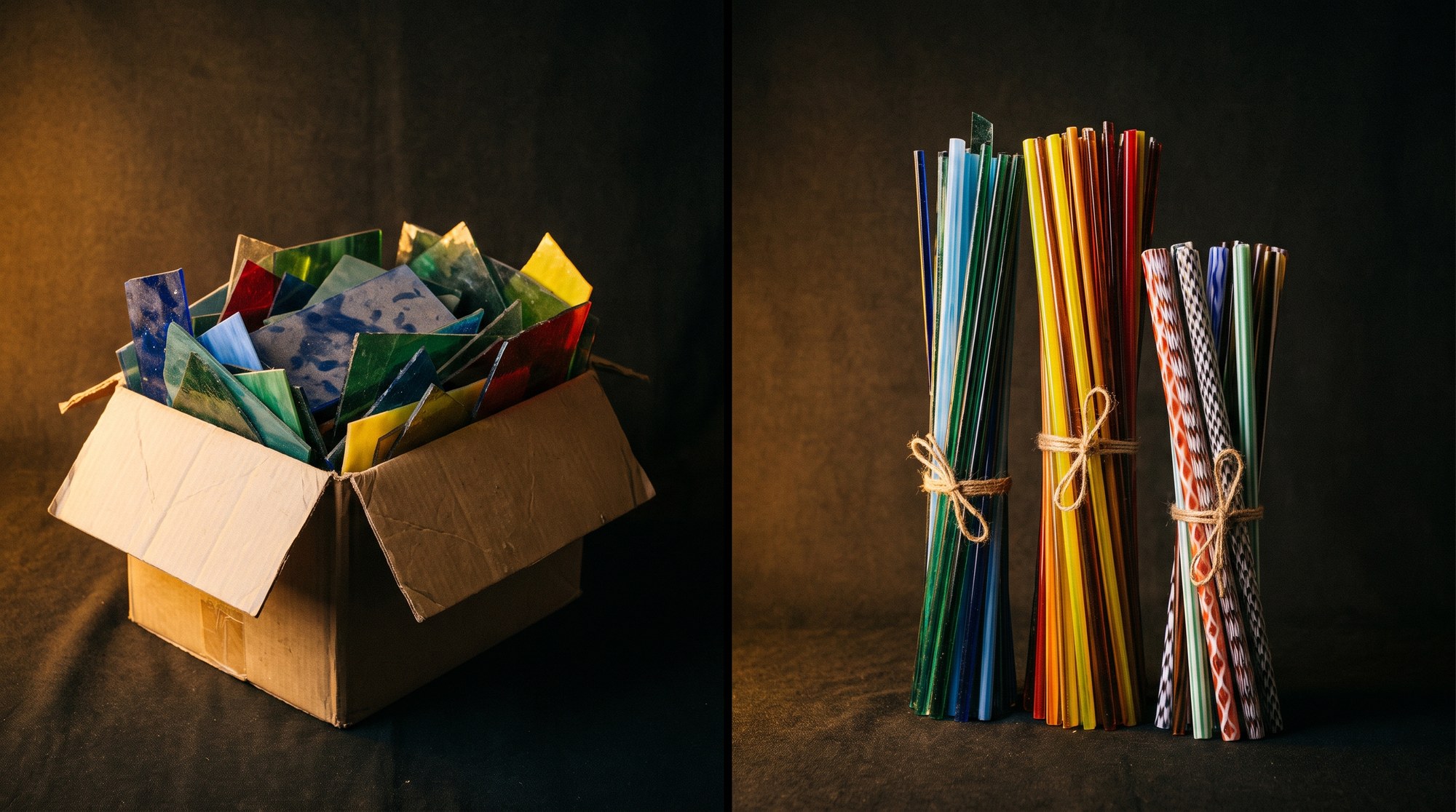 A box of coloured glass offcuts beside bundled rods of stringer and cane ready for a vitrigraph pot