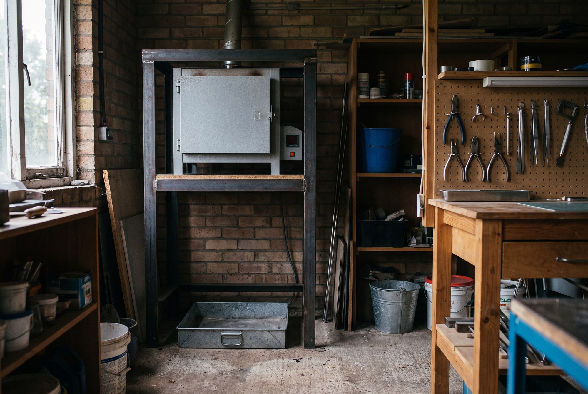 A small studio kiln mounted on a steel stand above a metal drop tray, with glass tools on a pegboard