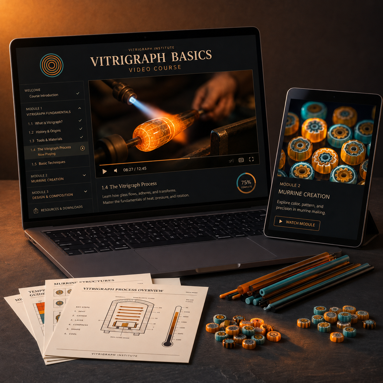 The Vitrigraph Basics video course interface shown on laptop and tablet, with printed reference sheets and sample murrine in the foreground