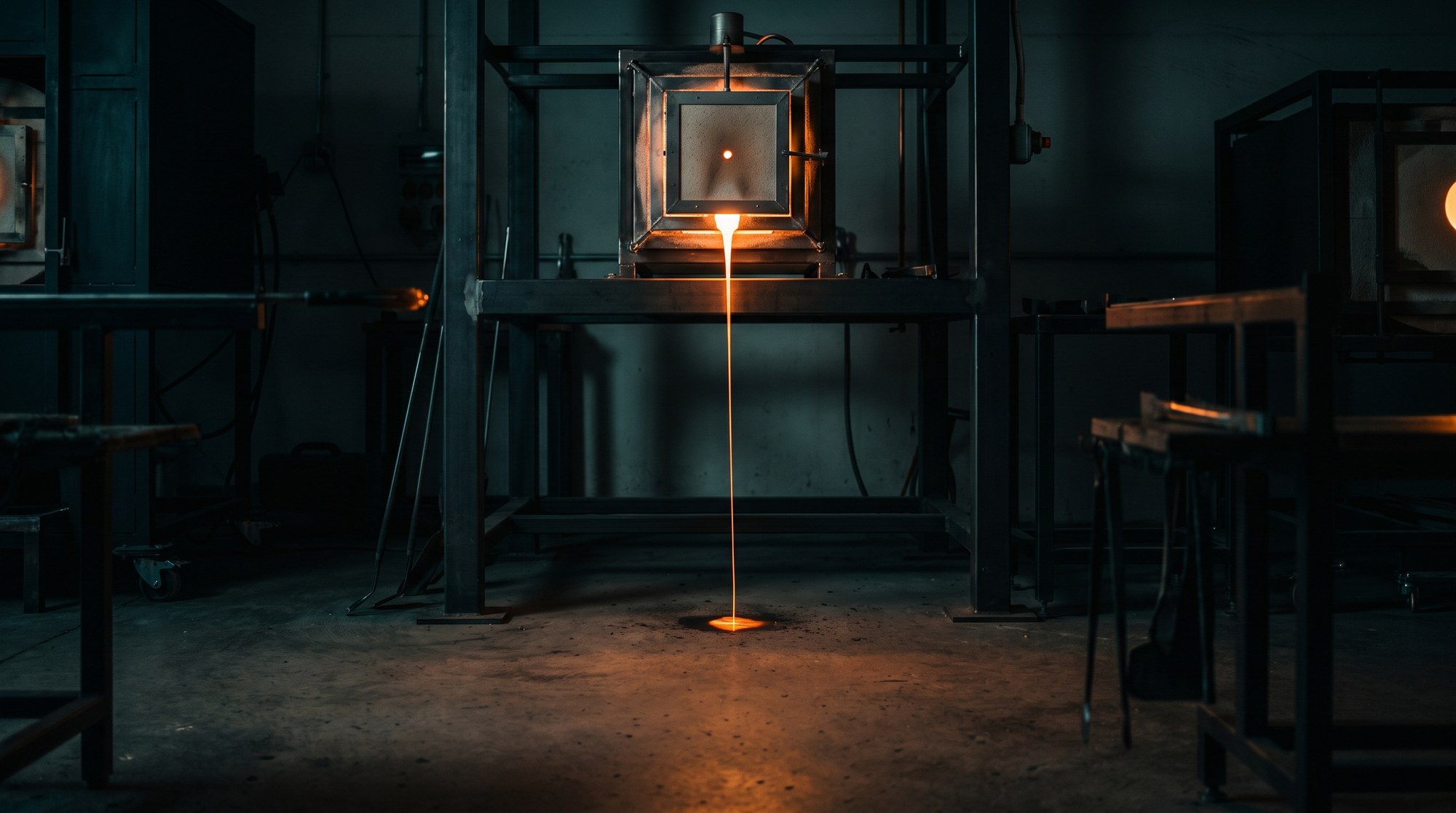 Molten glass streaming from a kiln pot down to the studio floor during a vitrigraph pull